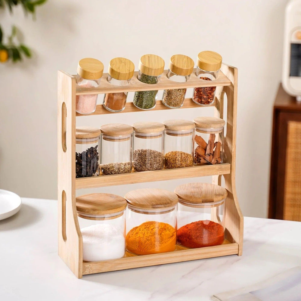 Elegant Wooden Spice Rack with 13 Airtight Jars
