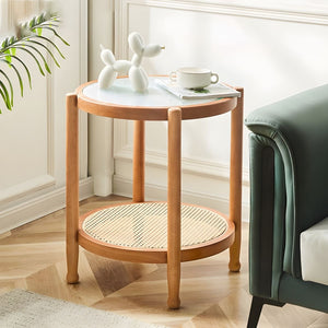 Glass Round Table with Rattan Shelf