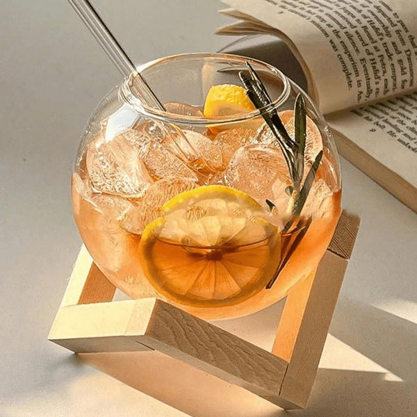 Sphere cup with wooden stand and straw