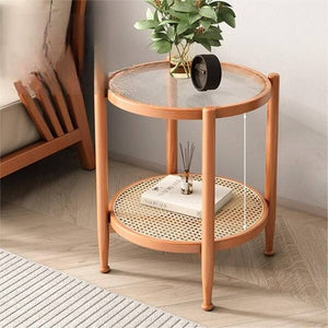 Glass Round Table with Rattan Shelf