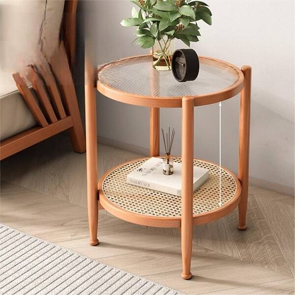 Glass Round Table with Rattan Shelf