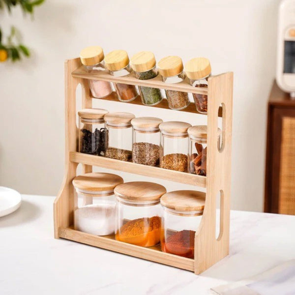 Elegant Wooden Spice Rack with 13 Airtight Jars