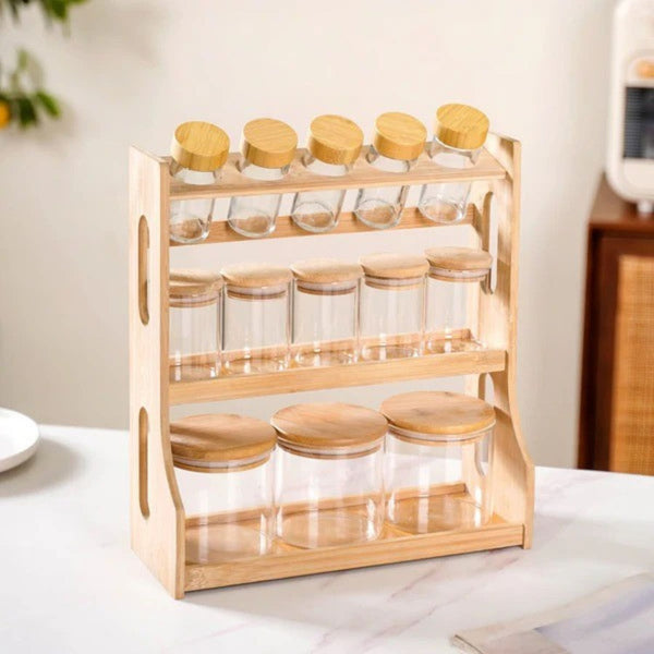 Elegant Wooden Spice Rack with 13 Airtight Jars