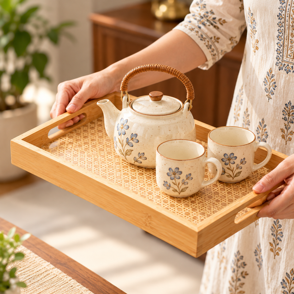 Modern Rattan Look Serving Tray