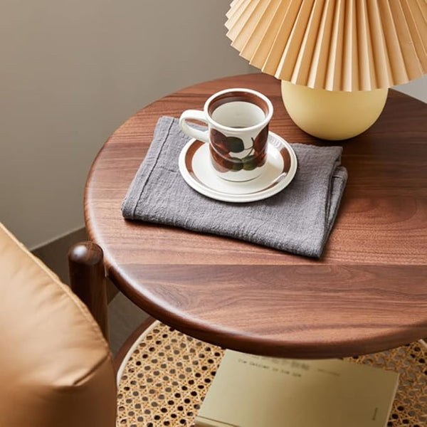 Chestnut Wood Round Table with Rattan Shelf