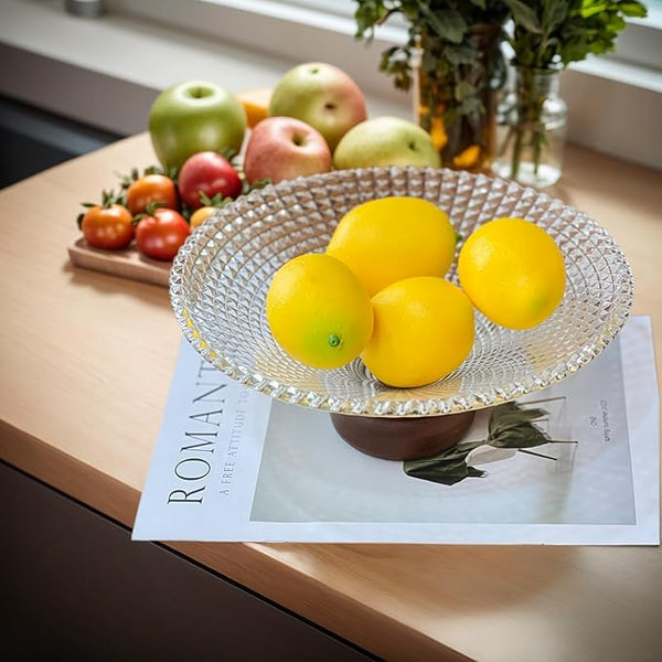 Glass Fruit Bowl with Wooden Pedestal