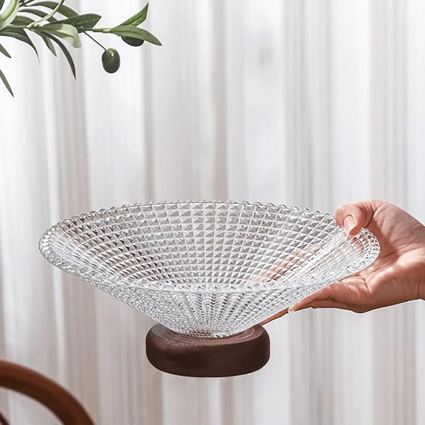 Glass Fruit Bowl with Wooden Pedestal