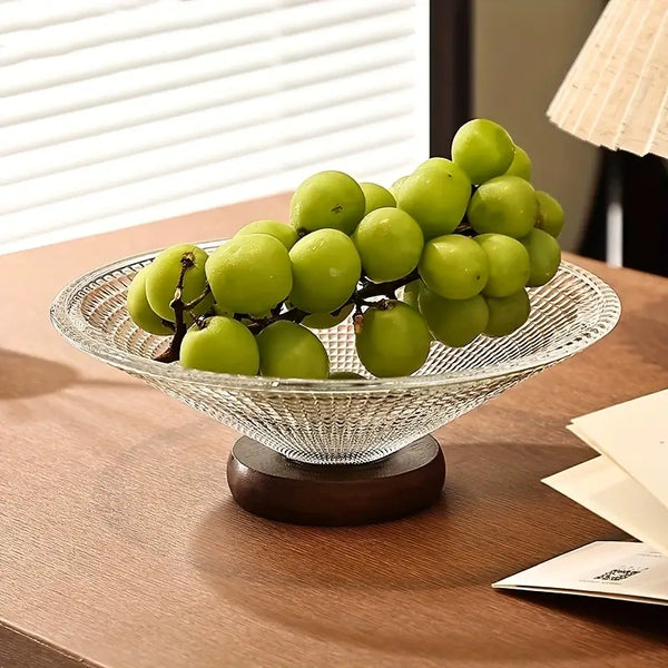 Glass Fruit Bowl with Wooden Pedestal