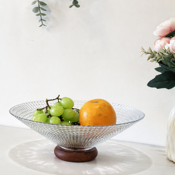 Glass Fruit Bowl with Wooden Pedestal
