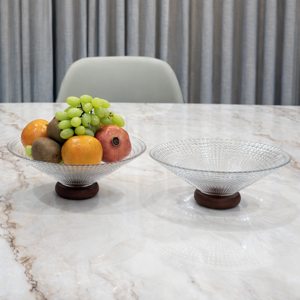Glass Fruit Bowl with Wooden Pedestal