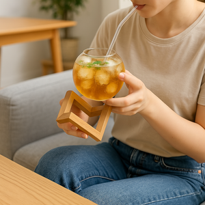 Sphere cup with wooden stand and straw