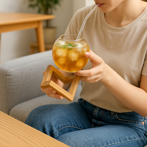 Sphere cup with wooden stand and straw