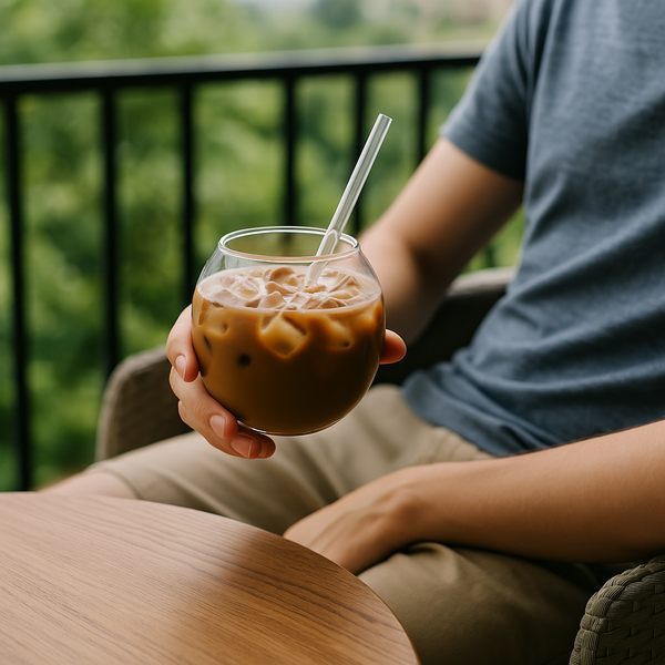 Sphere cup with wooden stand and straw