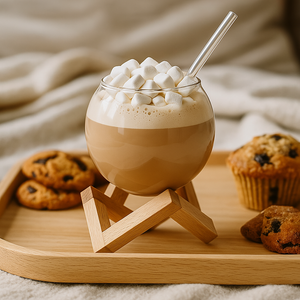 Sphere cup with wooden stand and straw