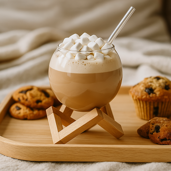 Sphere cup with wooden stand and straw