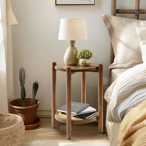 Chestnut Wood Round Table with Rattan Shelf