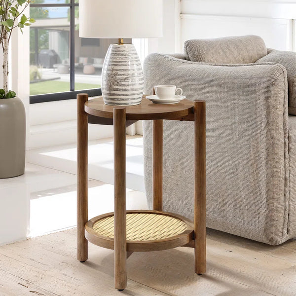 Chestnut Wood Round Table with Rattan Shelf