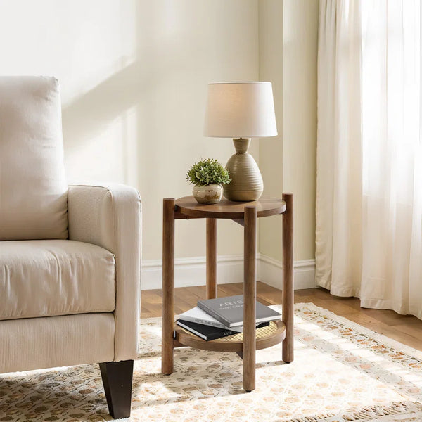 Chestnut Wood Round Table with Rattan Shelf