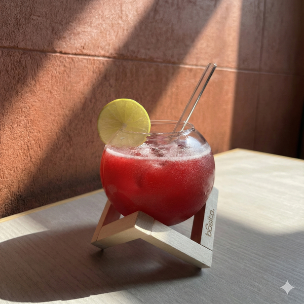 Sphere cup with Wooden Stand & Glass Straw