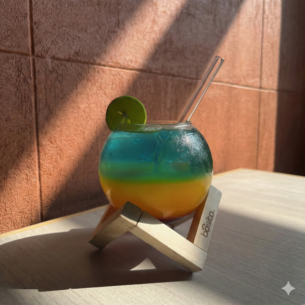 Sphere cup with Wooden Stand & Glass Straw