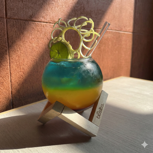 Sphere cup with Wooden Stand & Glass Straw