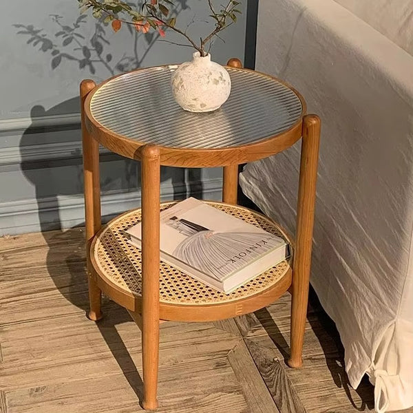 Glass Round Table with Rattan Shelf