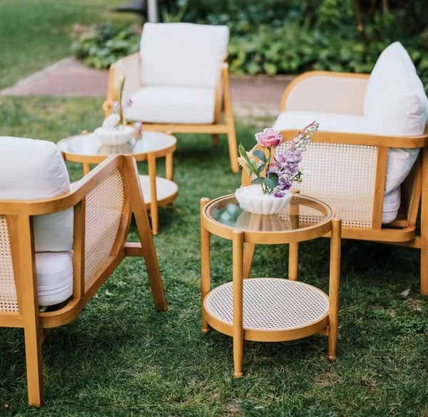 Glass Round Table with Rattan Shelf
