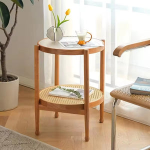 Glass Round Table with Rattan Shelf