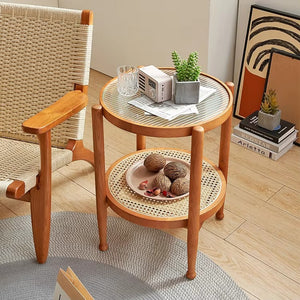 Glass Round Table with Rattan Shelf
