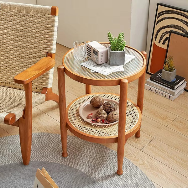 Glass Round Table with Rattan Shelf