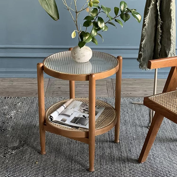 Glass Round Table with Rattan Shelf