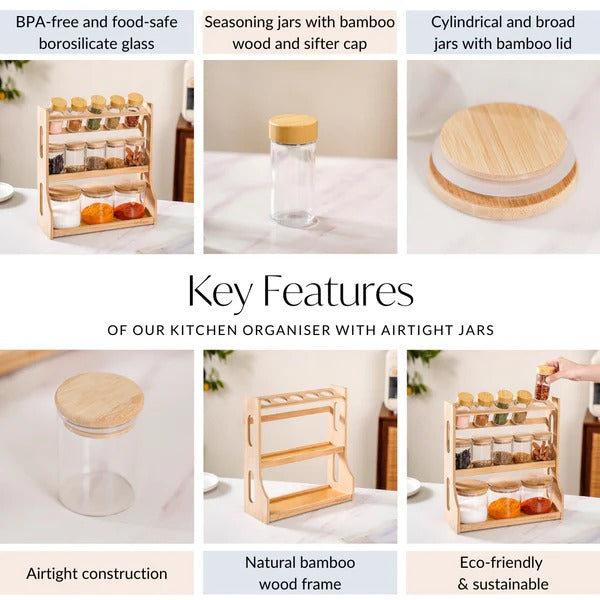 Elegant Wooden Spice Rack with 13 Airtight Jars