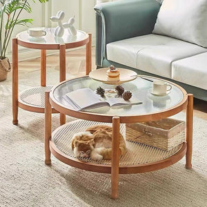 Premium Round Table with Rattan Shelf