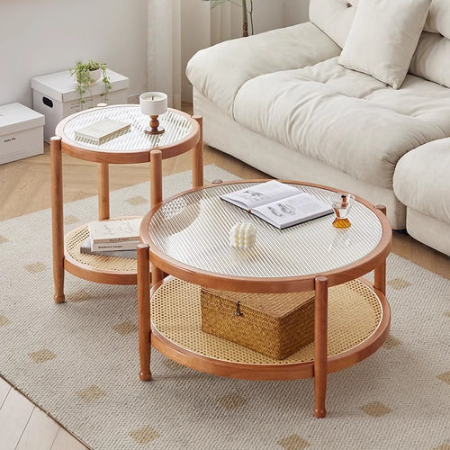 Premium Living Room Round Table with Rattan Shelf