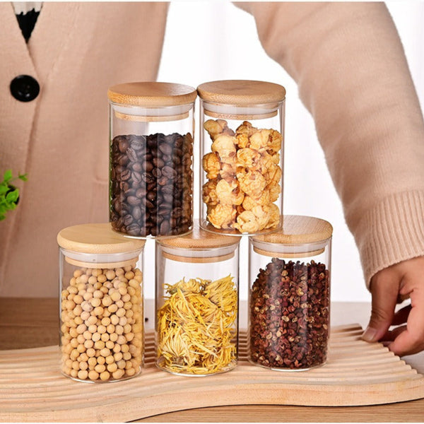 Glass Food Storage Jars with Wooden Lids