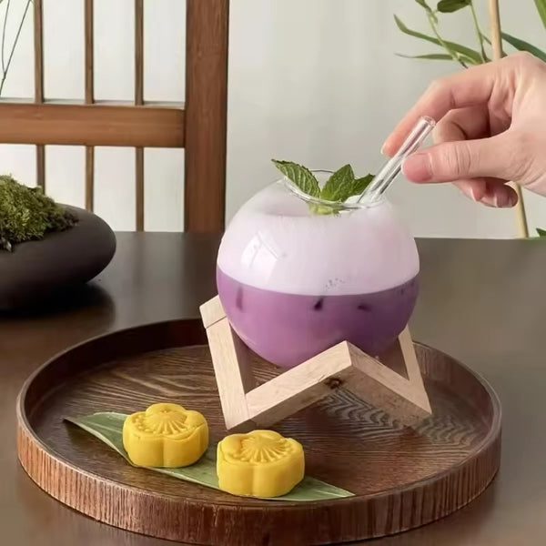 Sphere cup with wooden stand and straw