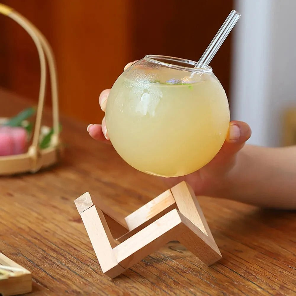 Sphere cup with wooden stand and straw