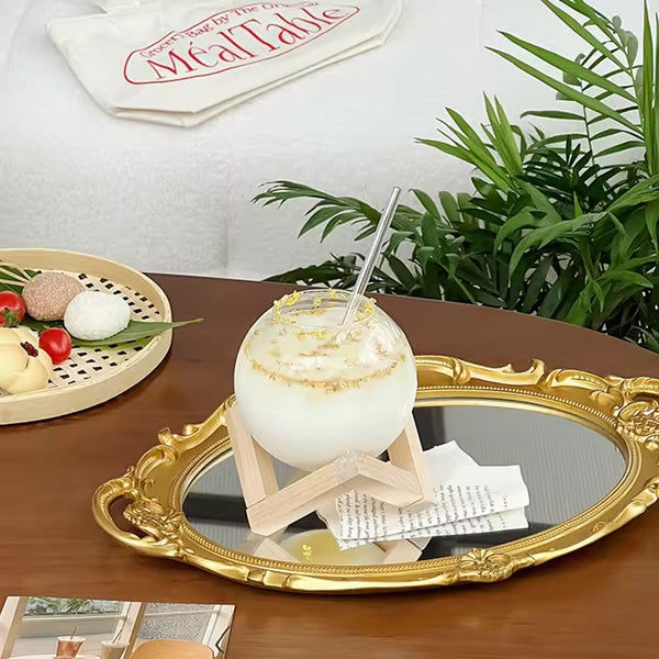 Sphere cup with wooden stand and straw