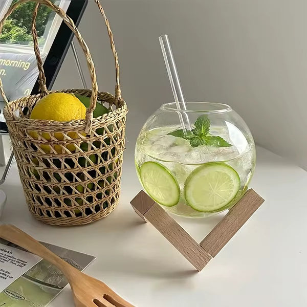 Sphere cup with wooden stand and straw