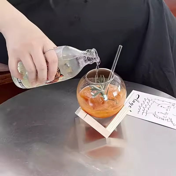 Sphere cup with wooden stand and straw