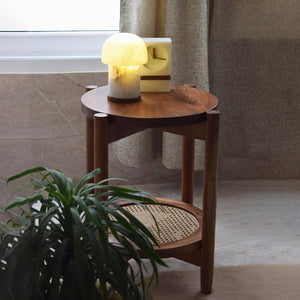 Chestnut Wood Round Table with Rattan Shelf