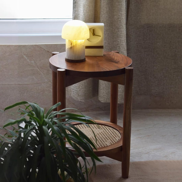 Chestnut Wood Round Table with Rattan Shelf