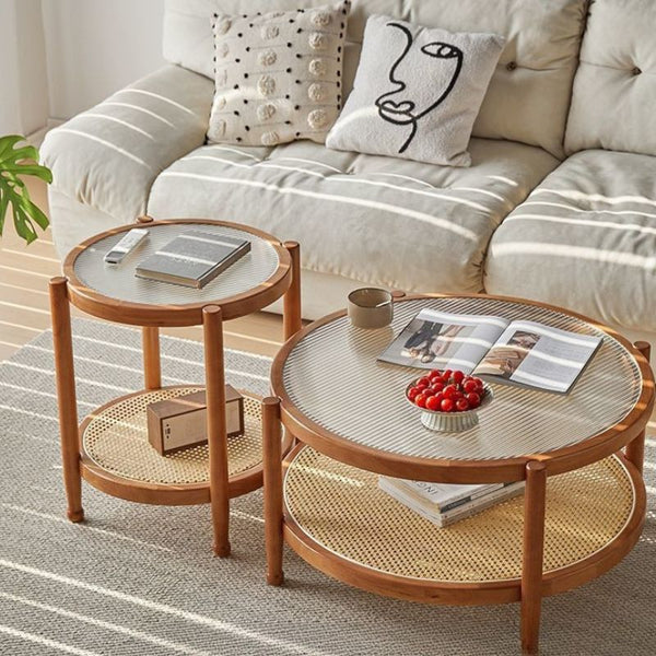 Glass Round Table with Rattan Shelf