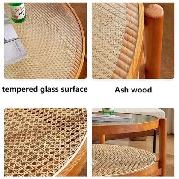 Glass Round Table with Rattan Shelf