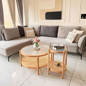 Premium Living Room Round Table with Rattan Shelf