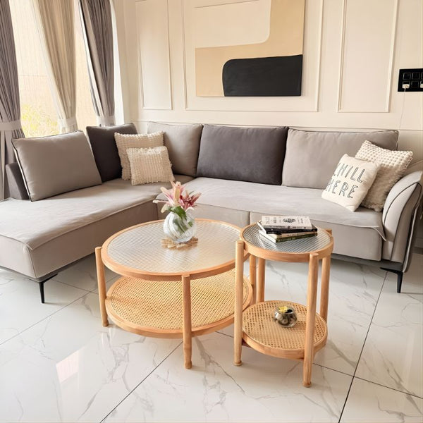 Premium Living Room Round Table with Rattan Shelf