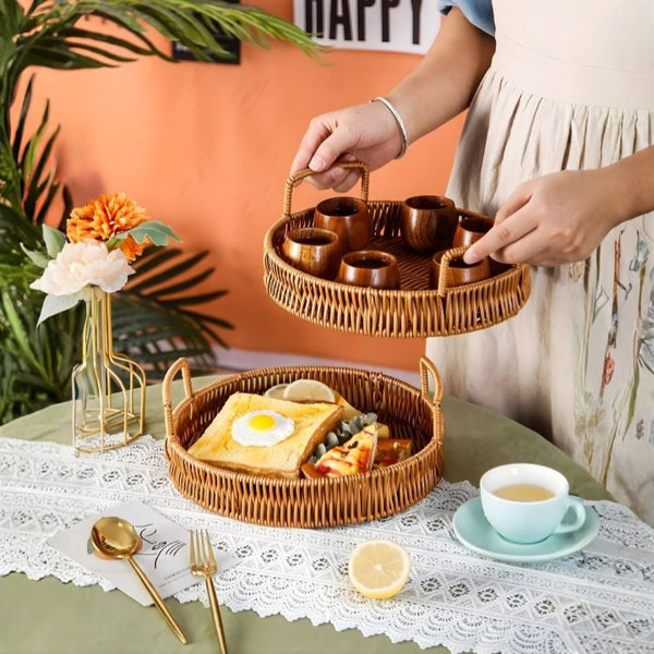 Woven Rattan Serving Tray Set