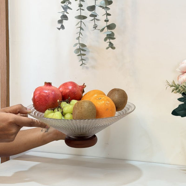 Glass Fruit Bowl with Wooden Pedestal