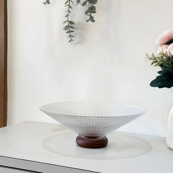 Glass Fruit Bowl with Wooden Pedestal