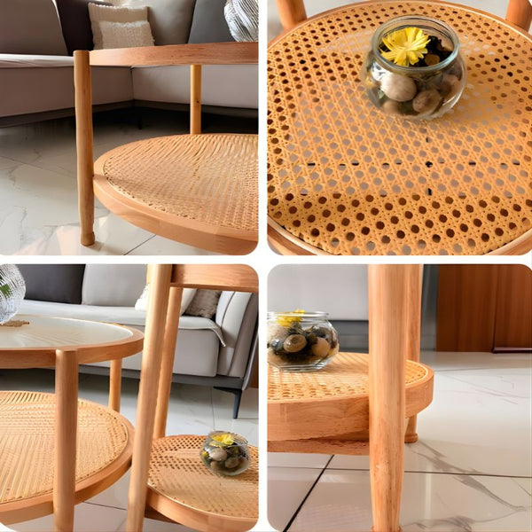 Premium Living Room Round Table with Rattan Shelf